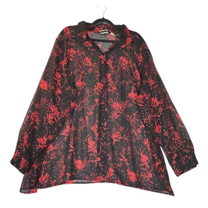 Fashion bug Blouse Womens Size 26/28W Sheer Red Floral Black Button Up Holiday - Picture 1 of 11