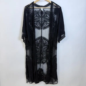 Plumero kimono negro de encaje transparente bordado frente abierto para mujer L-XL gótico - Imagen 1 de 7