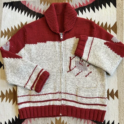 Suéter Vintage Años 50 Lana Cowichan Tejido Chal Cuello Fútbol Rockabilly Talla XL Foto 1 de 4