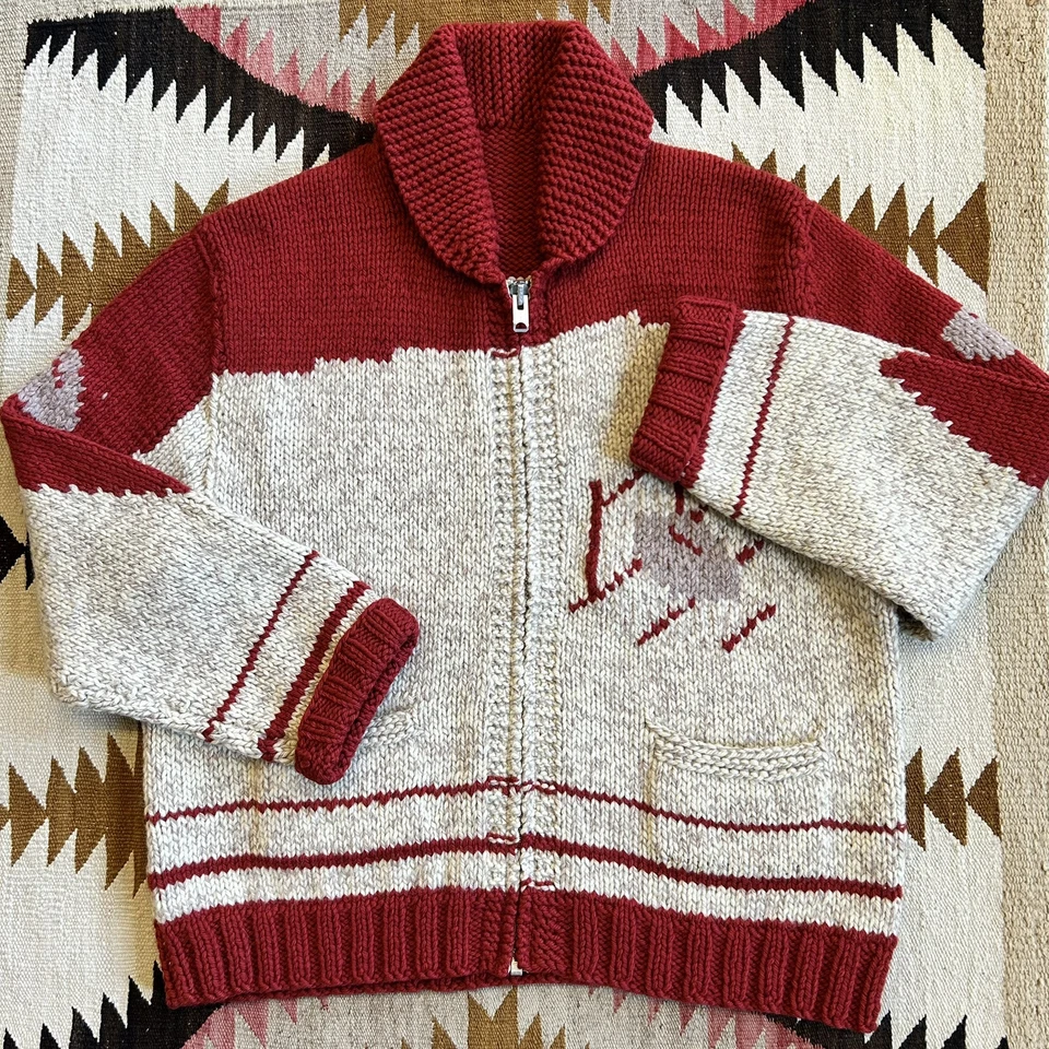 Suéter Vintage Años 50 Lana Cowichan Tejido Chal Cuello Fútbol Rockabilly Talla XL Foto 1 de 4