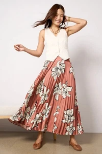 Hutch Floral Satin Pleated Midi Skirt Size XS Elegant Academia High Waisted - Picture 1 of 5