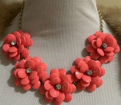 J.Crew Statement Necklace Coral Pink 3D Flowers with Crystal Centers Chain 20" - Image 1 of 4