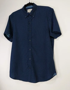 CON.STRUCT M Navy Blue Polka Dot Stretch Slim Fit Button Up Short Sleeve Shirt - Picture 1 of 6
