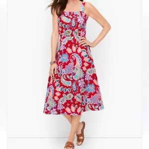 Talbots Fit & Flare Sleeveless Dress Fantastic Red Paisley Cotton Size 14 Petite - Picture 1 of 11