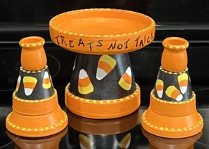 Halloween Clay Flower Pot Candle Holder (2) Treat Dish (1) Handcrafted & Painted - Picture 1 of 8