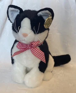 MTY Realistic Black White Tuxedo Cat Stuffed Plush 11” Yellow Eyes Red Bow - Picture 1 of 10