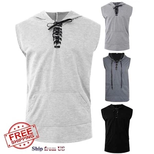 Men's Sleeveless Hoodie Hooded Workout Gym Training Running Sport Vest Tank Top - Picture 1 of 6