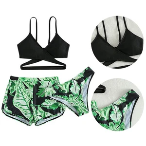 Girls Swimwear Sleeveless Set Tropical Swimsuit Suit Top Printed Briefs Cross - Picture 1 of 16