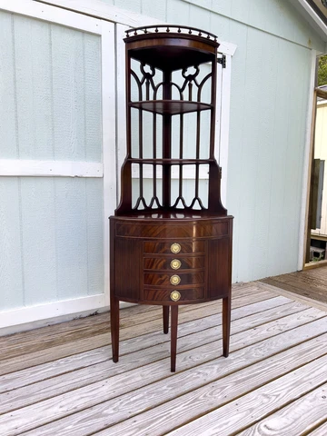 1940s Vintage Mahogany Federal Style Corner Shelf with 4 Drawers and Brass Pulls Cover