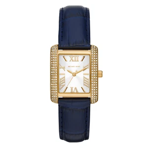 Michael Kors Watch Emery MK2982 Women Gold 26mm Navy Leather Strap Rhinestones - Picture 1 of 6