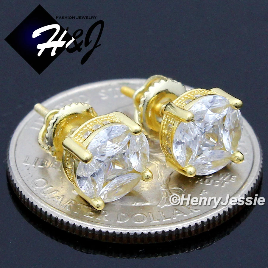 925 STERLING SILVER 8MM ICY BLING CZ GOLD PLATED/SILVER ROUND STUD EARRING*E140 - Image 1 of 1