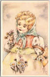 Linda niña sosteniendo flores, pintura famosa, obra de arte, postal vintage - Imagen 1 de 2