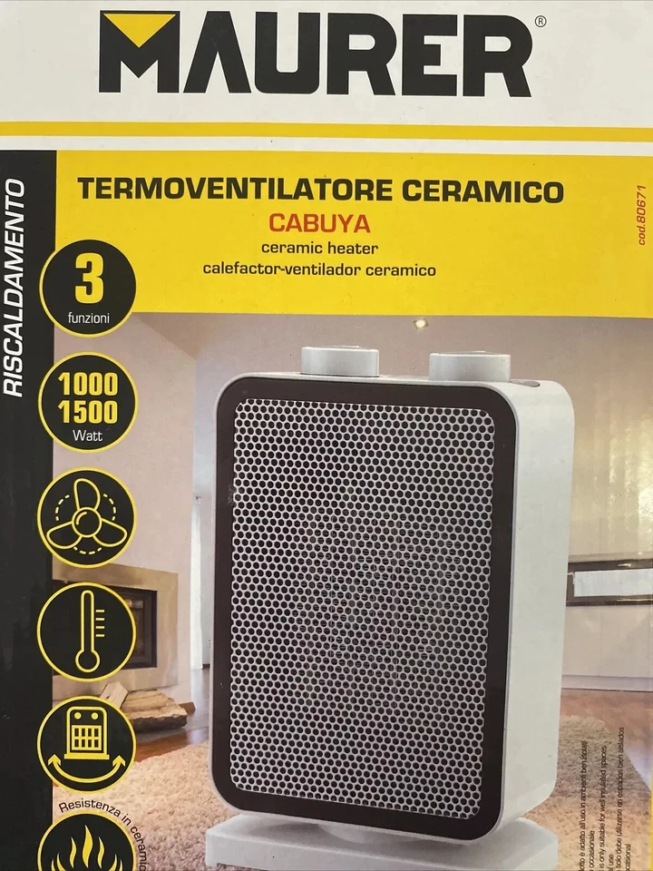 Termoventilatore Ceramico Cabuya 1000-1500W 2 Temp. Termos. Regolabile Rotante - Immagine 1 di 3