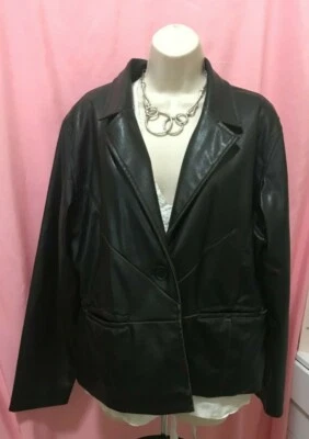 KC COLLECTION -Women's Size XL Black Faux Leather Jacket Distressed Trim Pockets - Image 1 of 4