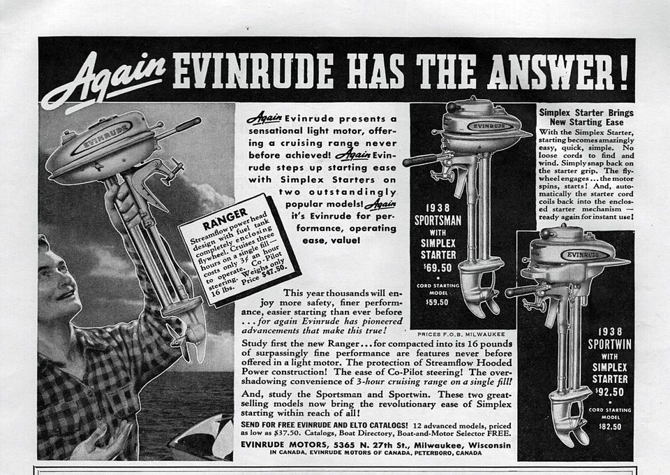 Evinrude Ranger & Sportsman 1938 motor fueraborda anuncio impreso original Foto 1 de 1