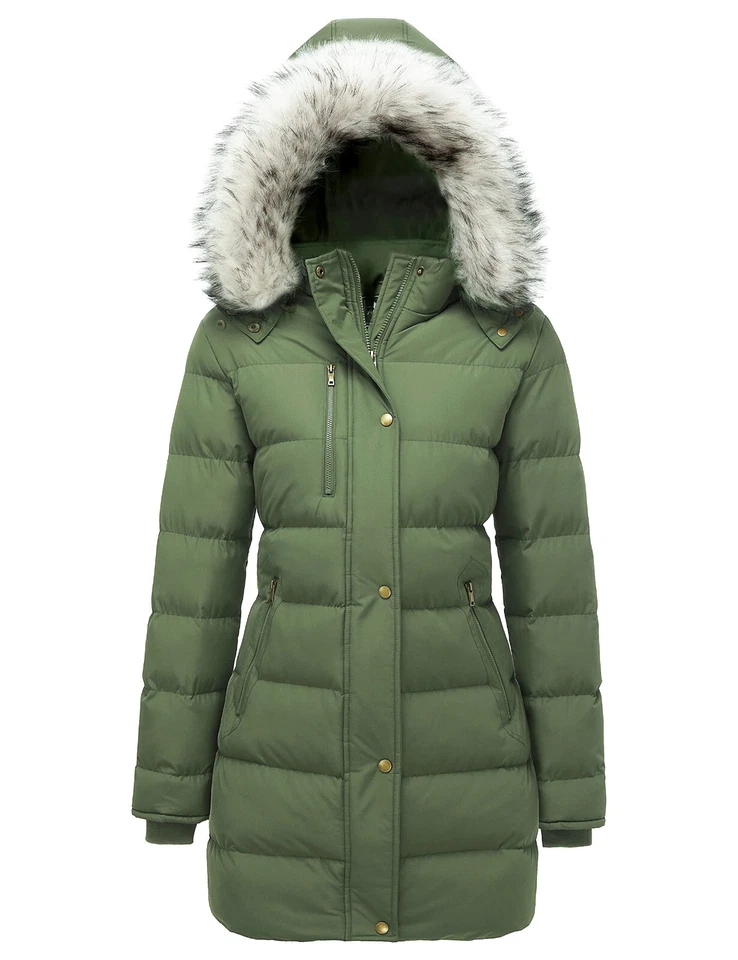 Abrigo parka acolchado cálido de invierno para mujer con capucha extraíble de piel sintética Foto 1 de 4