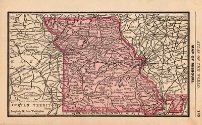 КРОШЕЧНАЯ антикварная карта штата Миссури 1888 МИНИАТЮРНАЯ винтажная карта Миссури 1692 - Изображение 1 из 2