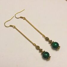 Green and Black Glass Bead Earrings In Gold Plate.Handmade.Long Drop.