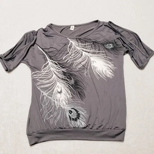 Ealey Fusi Grey & White Feather Open Shoulder Sleeve Top Women Medium Blouse - Picture 1 of 7
