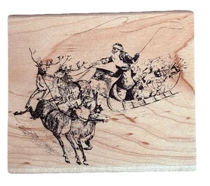 Weihnachtsmann Schlittenfahrt Weihnachten Rentiere realistisch Portrait Holz Stempel - Bild 1 von 2
