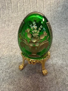 Vintage FABERGE russisches Glas smaragdgrün vergoldet geätzt Blumen Korb Ei 4 Zoll - Bild 1 von 6