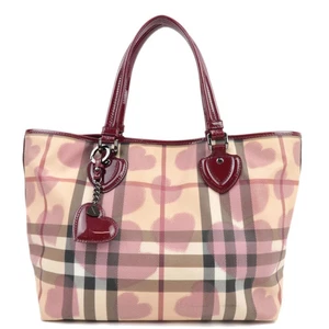 BURBERRY Heart Nova Plaid Tote Bag PVC Enamel Beige Bordeaux Authentic - Picture 1 of 23