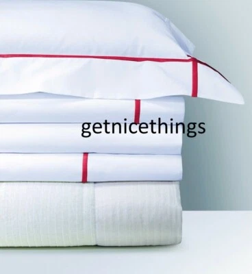 $300 New Yves  Delorme 2 White Euro Shams Athena Opera Red Stripe 500TC Cotton - Image 1 of 4