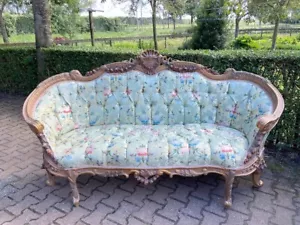 Sofa Französisch Louis XVI Vintage Buchenholz Pistazie Damast gepolstert Elegant - Bild 1 von 13