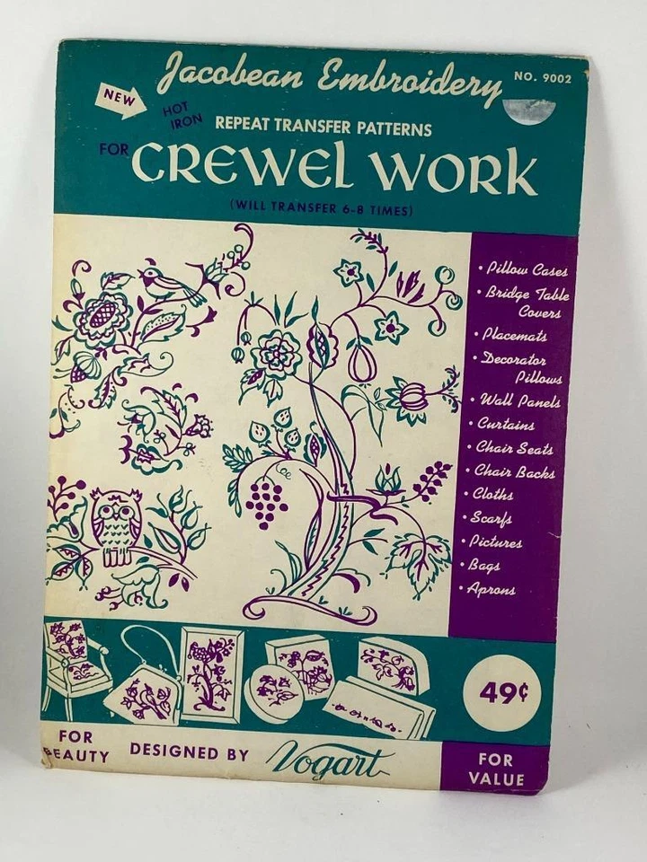 Vintage Vogart Jacobean Embroidery Crewel Hot Iron Repeat Transfer Patterns - Image 1 of 1
