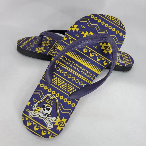 ECU East Carolina Pirates Flip Flops Unisex Adult Sz S Purple Yellow Sandals Cover