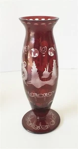 Bohemian Ruby Cut Etched to Clear Thumbprint and Scenic 6 inch Vase - Picture 1 of 12