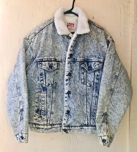 Large Vintage Levi's Sherpa Lined 80's Trucker Jacket Acid Wash Denim 70609 0219 - Picture 1 of 14