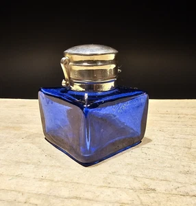 Vintage Antique Style Cobalt Blue Square Glass Inkwell Ink pot Bottle - Picture 1 of 12