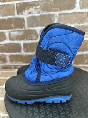 Kamik Snowbug 冬季毛皮衬里雪地靴 蓝色 黑色 男孩 学步儿童 9 码 — 第 1/4 张图片