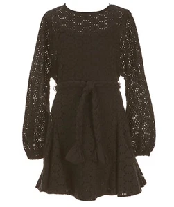 GB GIRLS DRESS COTTON SHIFT CREW NECK BELTED EYELET BLACK SIZE S - Picture 1 of 14