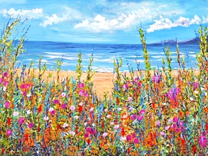 ACEO Card Ocean Beach With Flowers PRINT (2.5" x 3.5") Signed by Artist - Picture 1 of 4
