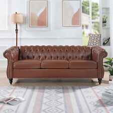 US 84" Rolled Arm Tufted Chesterfield 3 Seater Sofa Brown PU Leather W/Nailheads