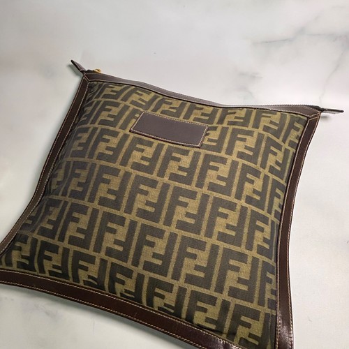 FENDI Vintage Zucca Pochette Borsa a Mano Nylon Pelle Marrone Nero 4785M