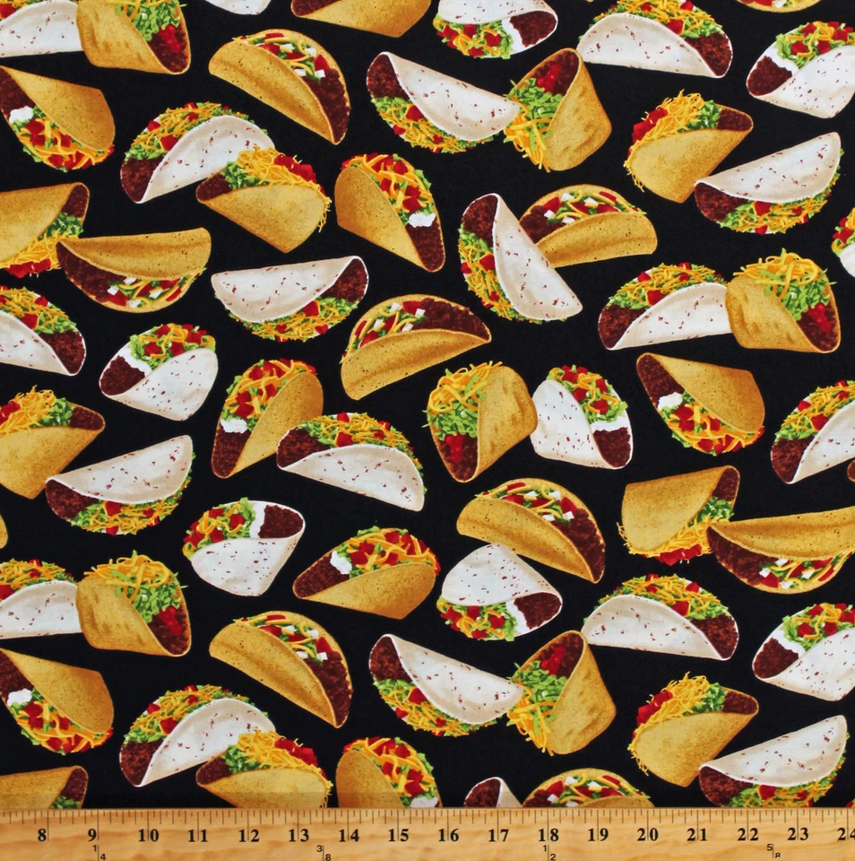 Cotton Tacos Mexican Food on Black Cotton Fabric Print by the Yard (D783.53) - Image 1 of 1