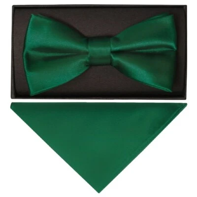 Plain Forest Green Handmade Mens Bow Tie and Pocket Square Set Wedding Bow Tie - Image 1 of 4