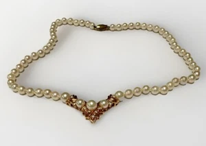 Vintage 14k Yellow Gold Pearl & Diamond V Necklace 16'' - Picture 1 of 5