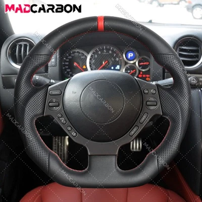 Volante de couro preto costura vermelha para 2007-2016 Nissan GTR GT-R R35 - Imagem 1 de 4