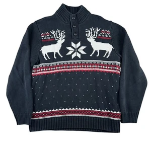 Chaps Sweater Men's Medium Gray White Reindeer Snowflake Mock Neck Knit Winter - Picture 1 of 10