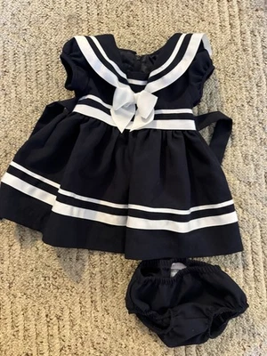 Bonnie Baby Two Piece Dress Set 3-6 Months Navy White Bow - Image 1 of 4
