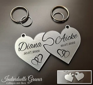2 Schlüsselanhänger Gravur Partneranhänger - Hochzeit Valentinstag Geschenk Herz - Bild 1 von 2