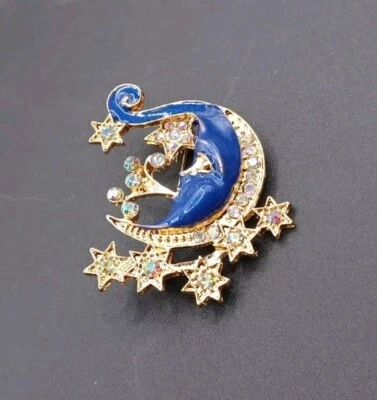 Broche prendedor Betsey Johnson estrás azul luna y estrellas dorado Foto 1 de 3