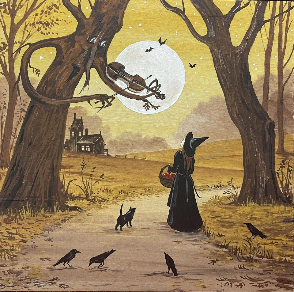 IMPRESIÓN 4x4 de pintura ryta folk halloween gato negro bruja estilo vintage arte luna Foto 1 de 1