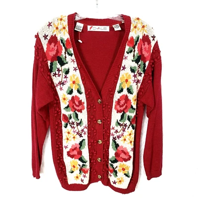 Chaus Vintage NWOT Womens Cardigan M Red Bauble Knit Floral Grandma Cottage 80s - Image 1 of 4