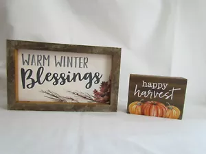 Primitive Style Happy Harvest & Warm Winter Wishes block Sign NEW 2p 9652 8557 - Picture 1 of 6