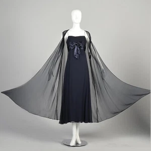 Small 1960s Navy Blue Silk Chiffon Evening Dress Formal Gown Sheer Vest Topper - Picture 1 of 10
